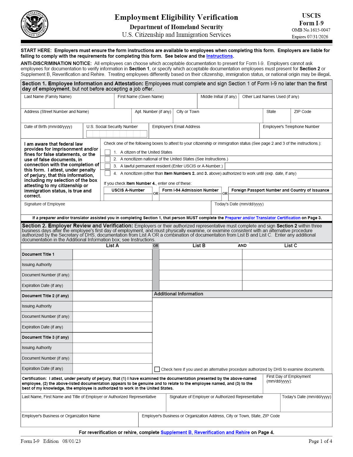 I-9 Employment Eligibility Form - Page 1